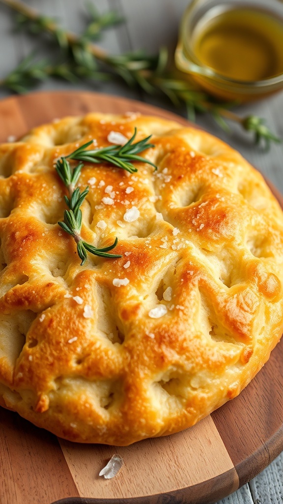 Freshly baked focaccia bread with rosemary and sea salt on a wooden board.